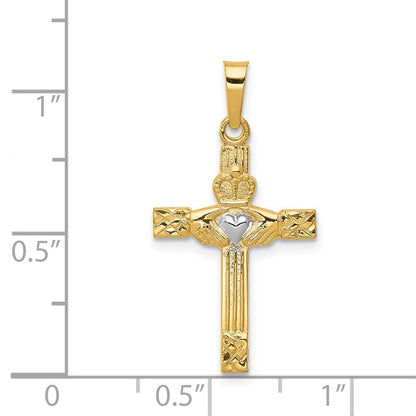 14K Gelb & Rhodium 14K und Rhodium Poliert Claddagh Kreuz Anhänger