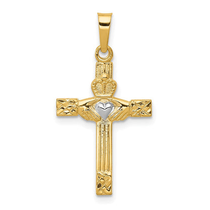 14K Gelb & Rhodium 14K und Rhodium Poliert Claddagh Kreuz Anhänger