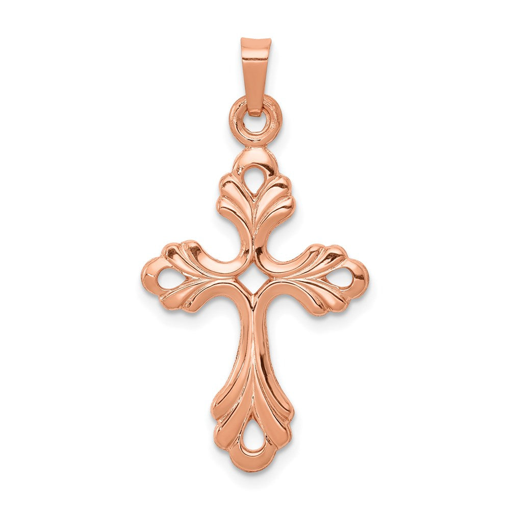 14K Roségold Polierter Fleur-de-Lis-Kreuz-Anhänger