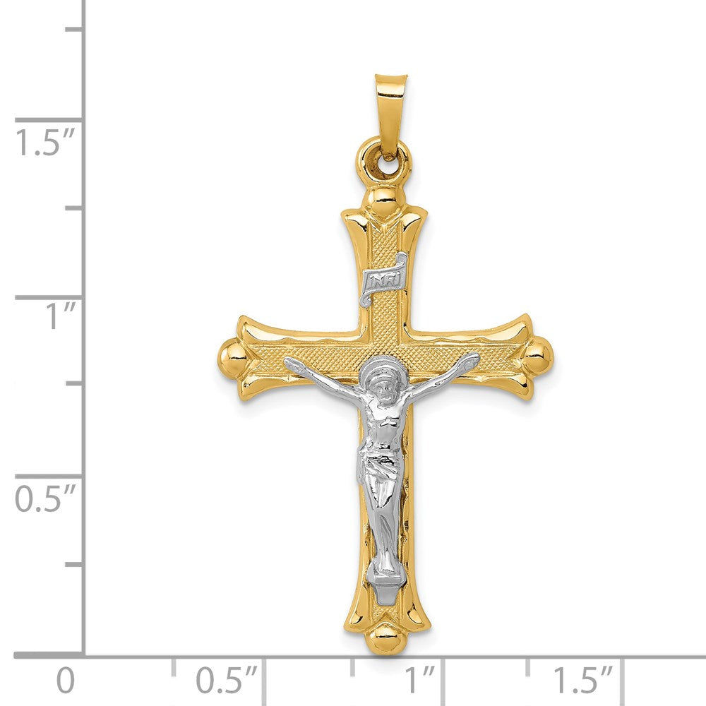 14K Bicolor-Gold Kruzifix-Anhänger „INRI" mit strukturierter und polierter Oberfläche