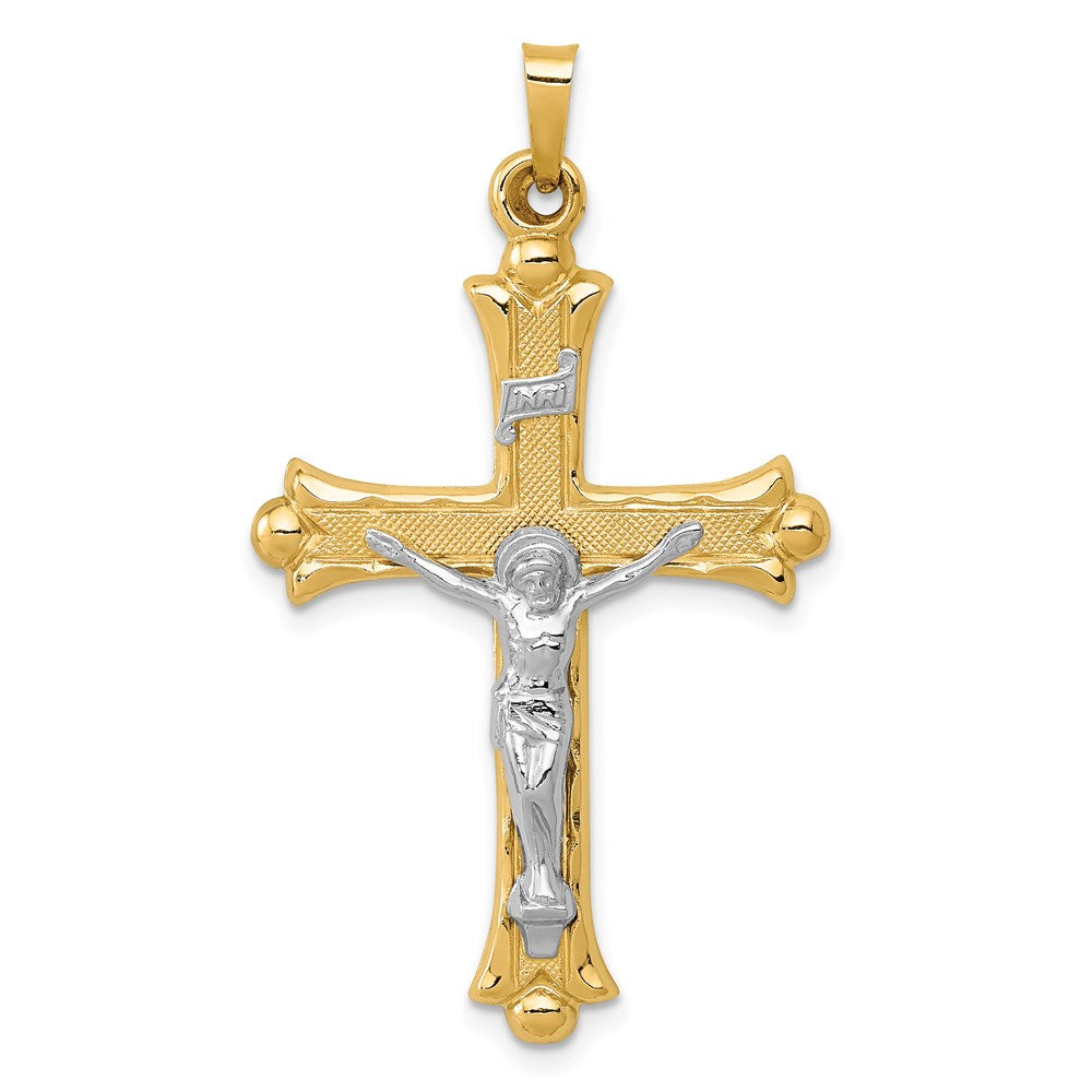 14K Bicolor-Gold Kruzifix-Anhänger „INRI" mit strukturierter und polierter Oberfläche
