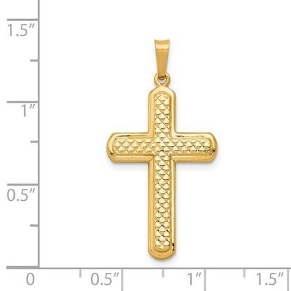 14K Gelbgold polierter und texturierter Kreuz-Anhänger