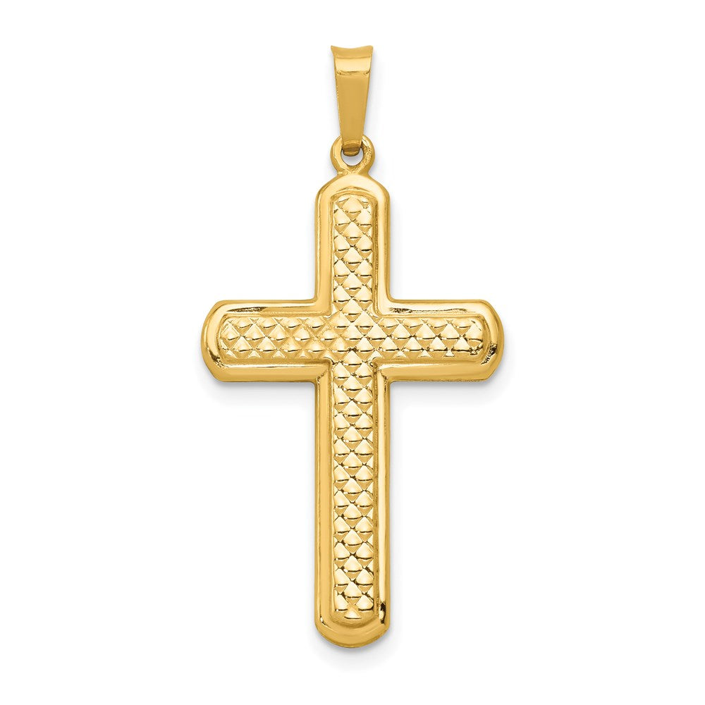 14K Gelbgold polierter und texturierter Kreuz-Anhänger