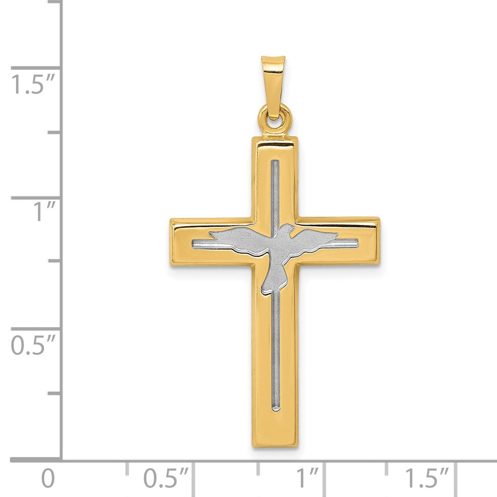 14K Gelb- und Rhodiumgold Kreuz-Anhänger mit Taube, rhodiniert, poliert und satiniert