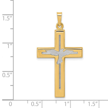 14K Gelb- und Rhodiumgold Kreuz-Anhänger mit Taube, rhodiniert, poliert und satiniert