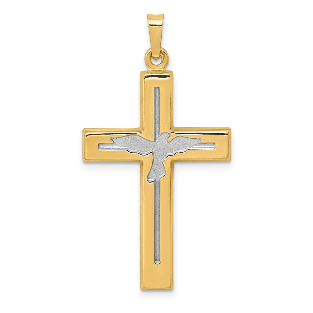 14K Gelb- und Rhodiumgold Kreuz-Anhänger mit Taube, rhodiniert, poliert und satiniert