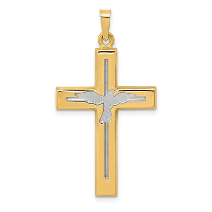 14K Gelb- und Rhodiumgold Kreuz-Anhänger mit Taube, rhodiniert, poliert und satiniert
