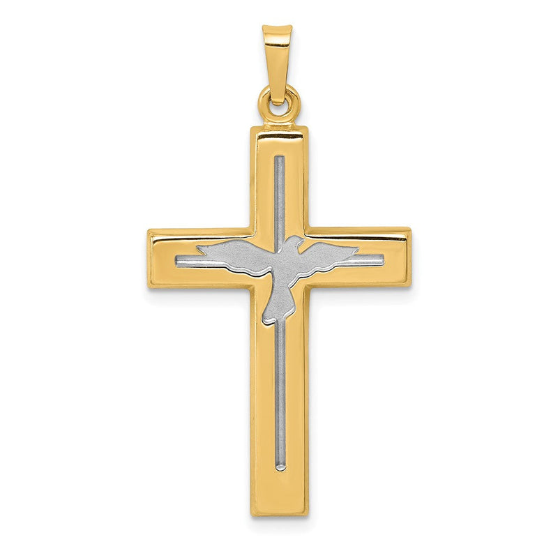 14K Gelb- und Rhodiumgold Kreuz-Anhänger mit Taube, rhodiniert, poliert und satiniert