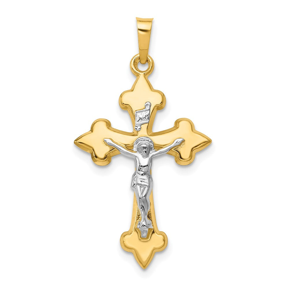 14K Bicolor Gold Polierter Fleur-de-Lis INRI Kruzifix-Anhänger