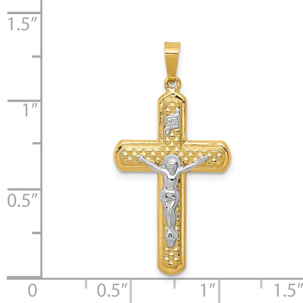 14K Bicolor Gold polierter und texturierter INRI-Kruzifix-Anhänger