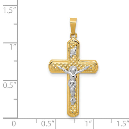 14K Bicolor Gold polierter und texturierter INRI-Kruzifix-Anhänger