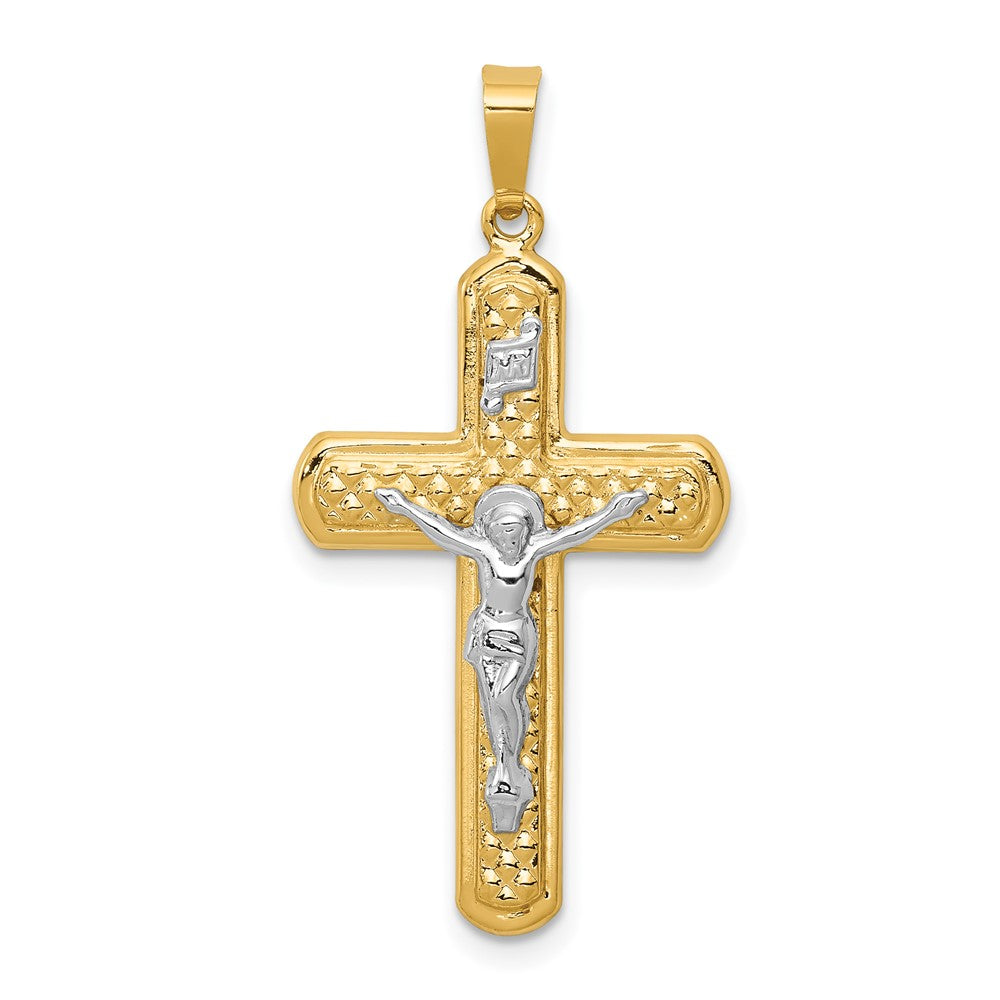 14K Bicolor Gold polierter und texturierter INRI-Kruzifix-Anhänger