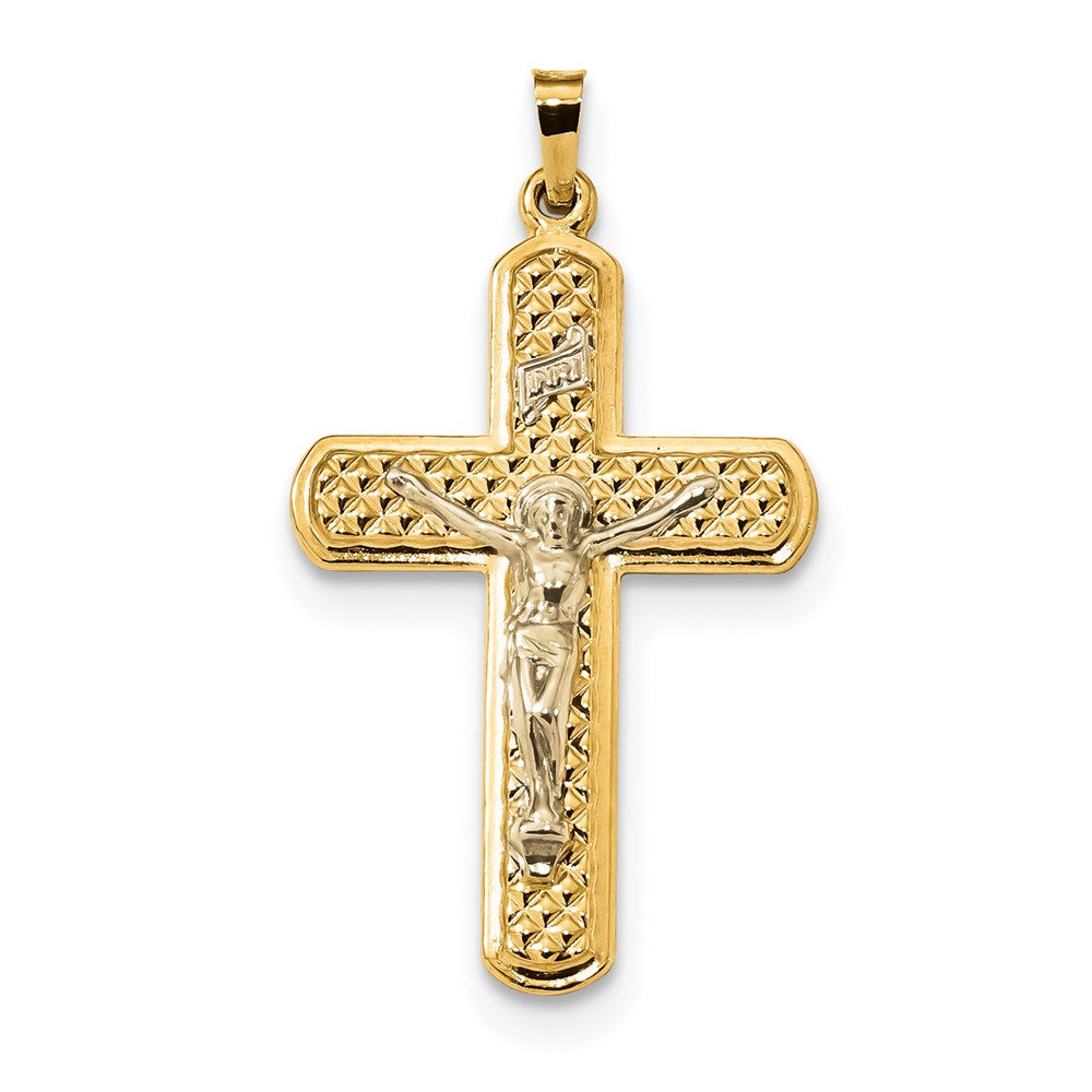 14K Bicolor Gold Polierter und Strukturierter INRI-Kruzifix-Anhänger
