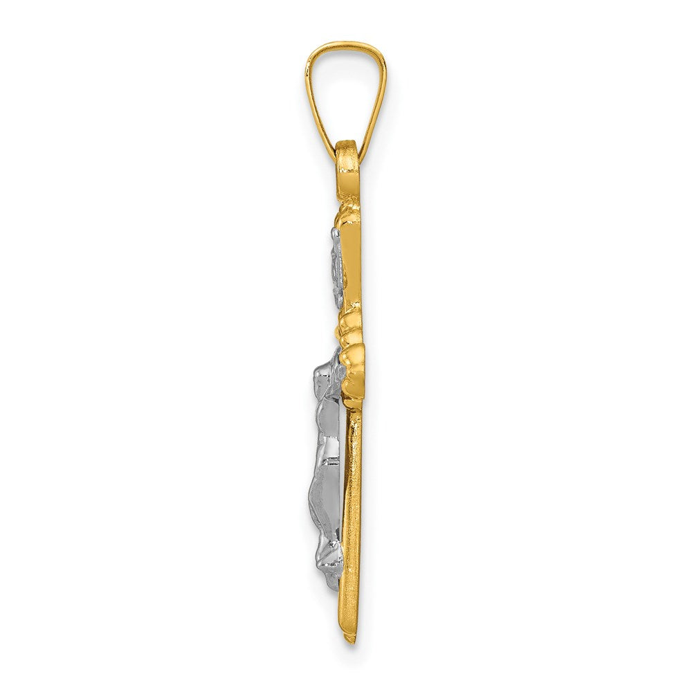 14K Bicolor-Gold Kruzifix-Anhänger mit INRI-Inschrift und Blütenmitte