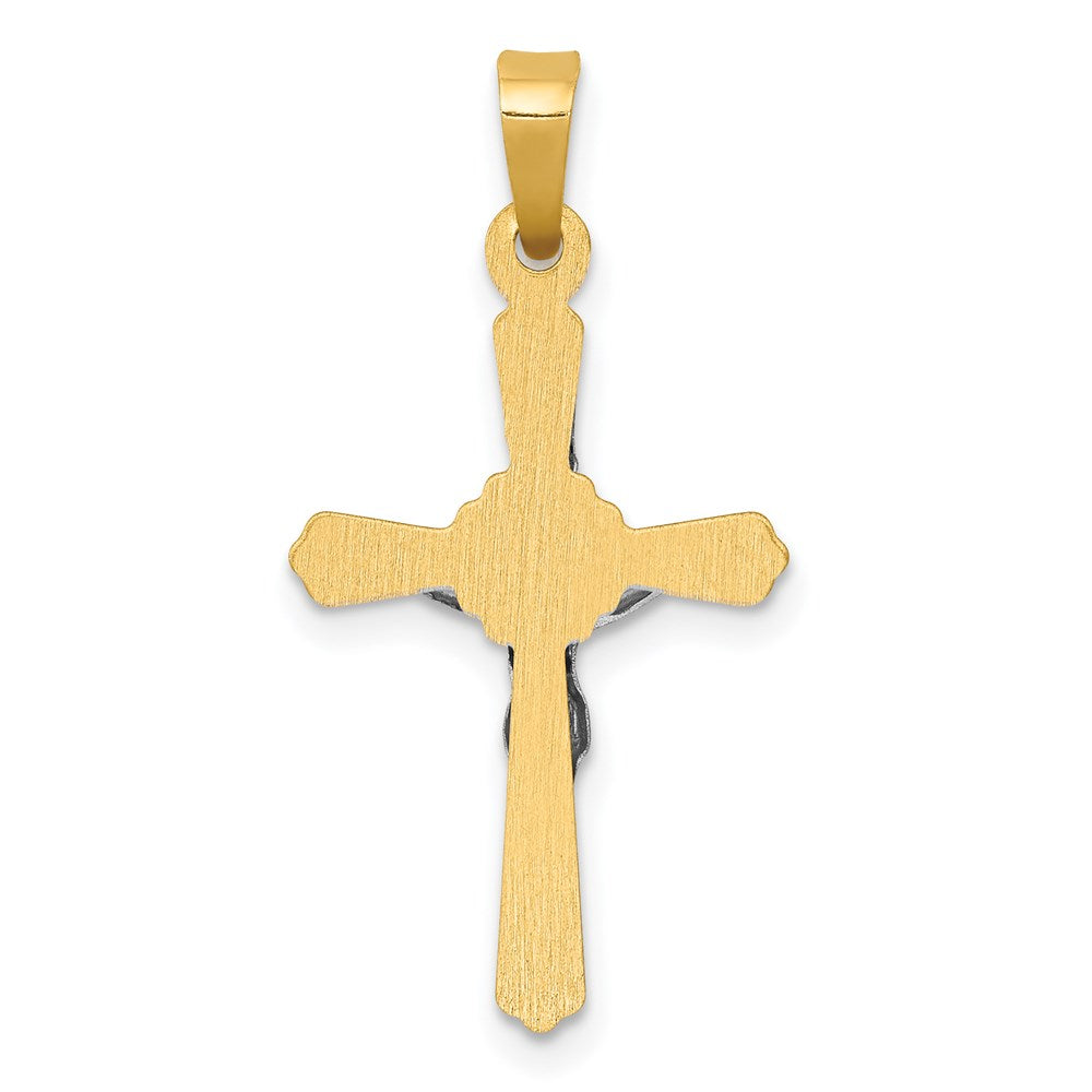 14K Bicolor-Gold Kruzifix-Anhänger mit INRI-Inschrift und Blütenmitte