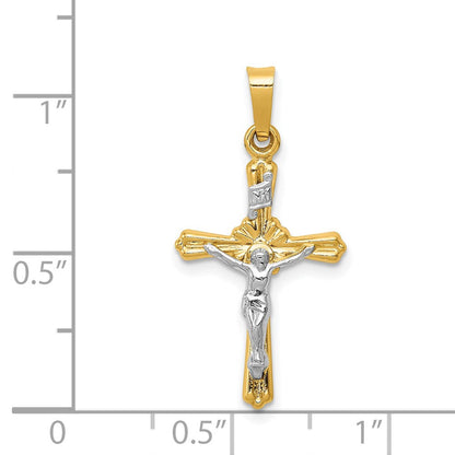 14K Bicolor-Gold Kruzifix-Anhänger mit INRI-Inschrift und Blütenmitte