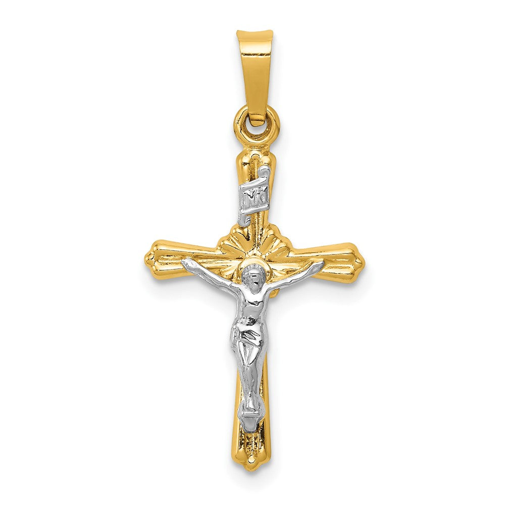 14K Bicolor-Gold Kruzifix-Anhänger mit INRI-Inschrift und Blütenmitte