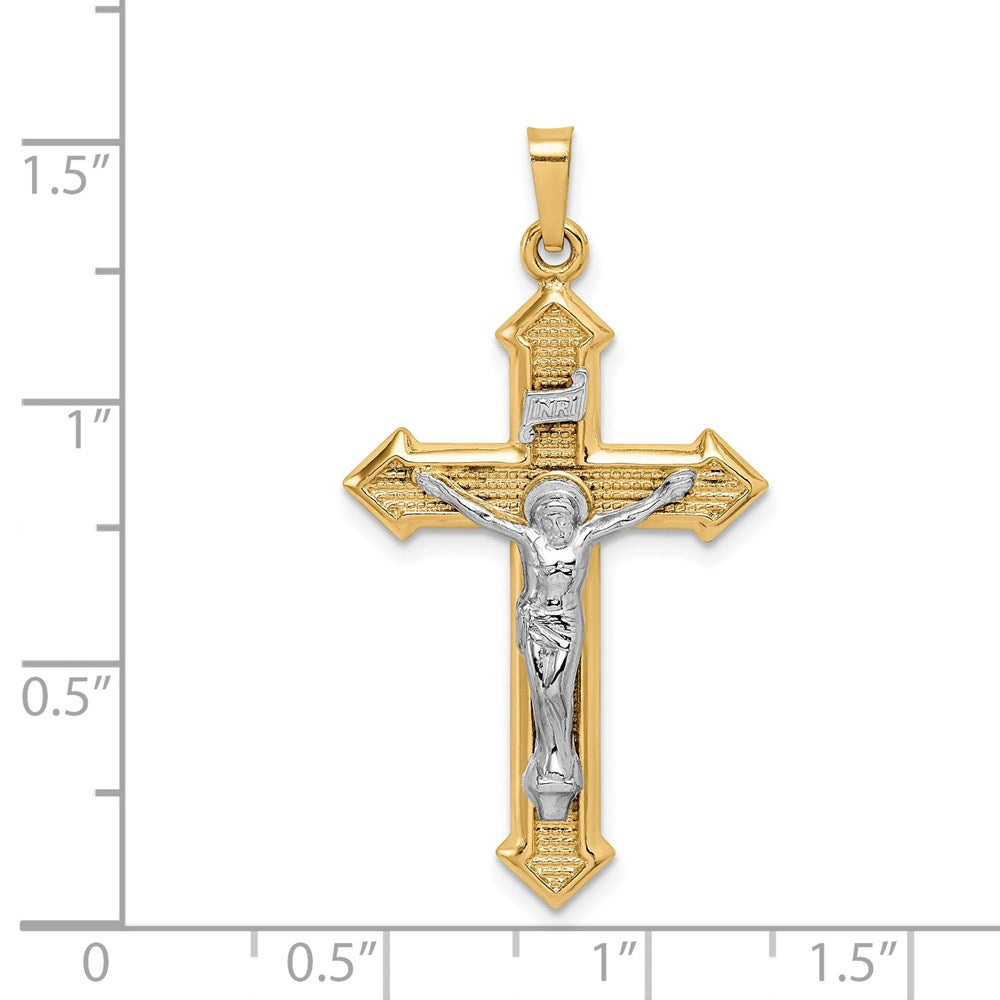 14 Karat Bicolor Gold Polierter und Strukturierter INRI-Kruzifix-Anhänger