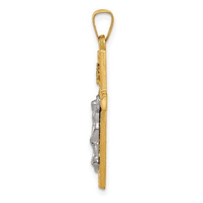 14K Bicolor-Gold Polierter INRI-Kruzifix-Anhänger mit Gittermuster-Textur