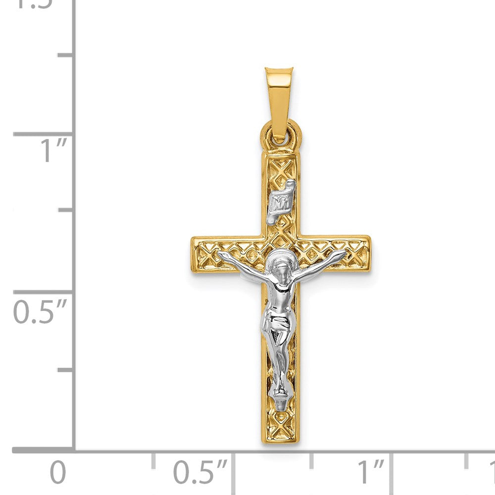 14K Bicolor-Gold Polierter INRI-Kruzifix-Anhänger mit Gittermuster-Textur