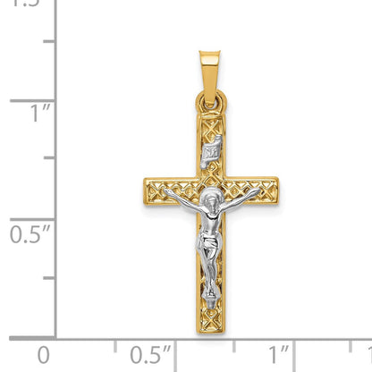 14K Bicolor-Gold Polierter INRI-Kruzifix-Anhänger mit Gittermuster-Textur