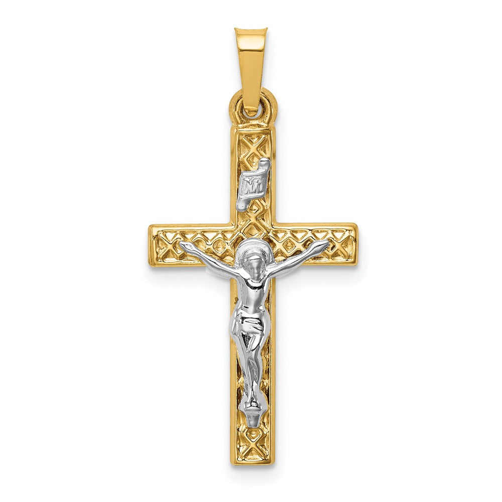 14K Bicolor-Gold Polierter INRI-Kruzifix-Anhänger mit Gittermuster-Textur