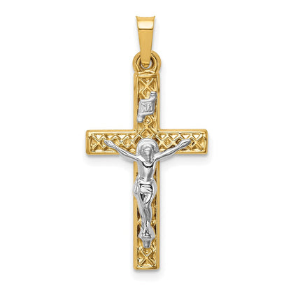 14K Bicolor-Gold Polierter INRI-Kruzifix-Anhänger mit Gittermuster-Textur