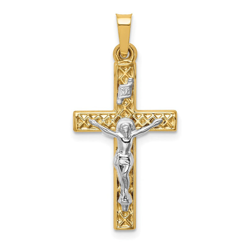 14K Bicolor-Gold Polierter INRI-Kruzifix-Anhänger mit Gittermuster-Textur