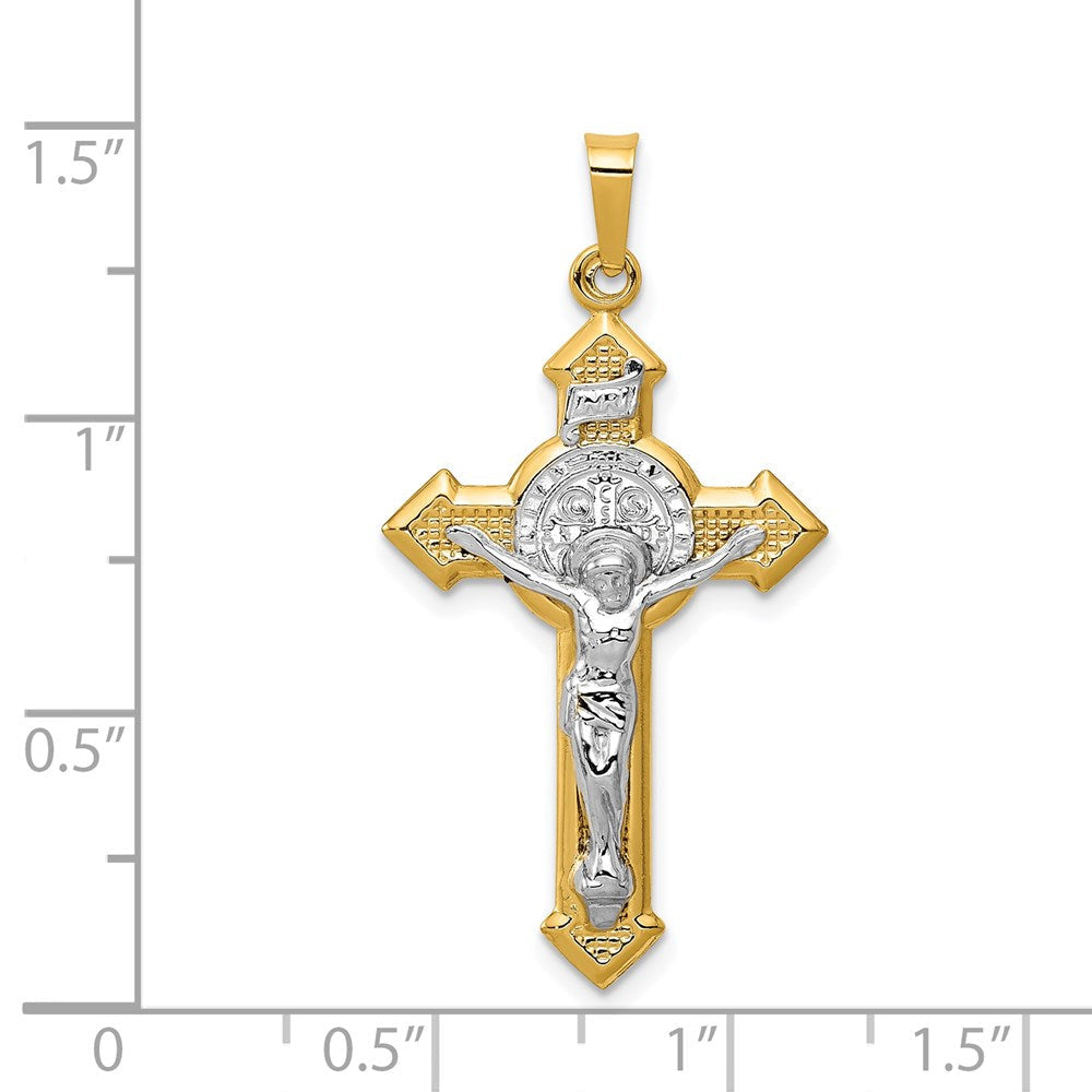 14K Gelb & Rhodium 14K mit Rhodium St. Benedict Hohl Medaille Inri Kruzifix Anhänger