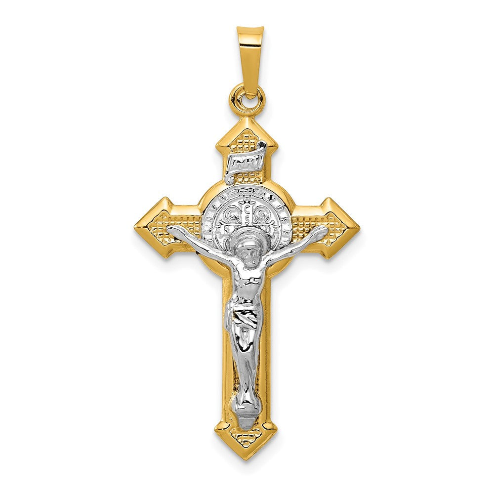 14K Gelb & Rhodium 14K mit Rhodium St. Benedict Hohl Medaille Inri Kruzifix Anhänger