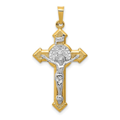 14K Gelb & Rhodium 14K mit Rhodium St. Benedict Hohl Medaille Inri Kruzifix Anhänger