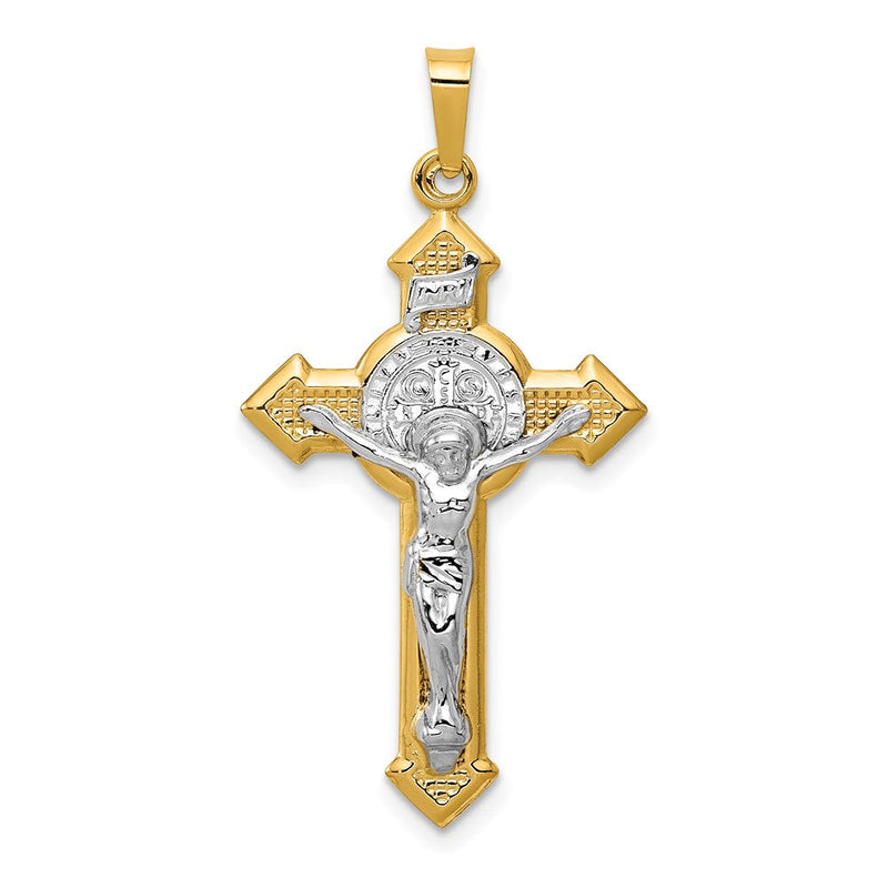 14K Gelb & Rhodium 14K mit Rhodium St. Benedict Hohl Medaille Inri Kruzifix Anhänger