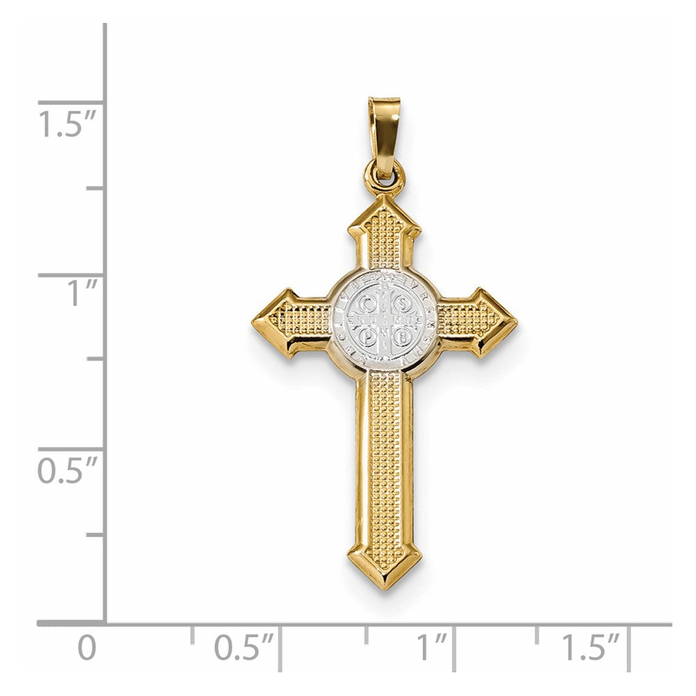 14K Bicolor-Gold mit Rhodium, poliert, Sankt-Benedikt-Medaillen-Kreuz-Anhänger