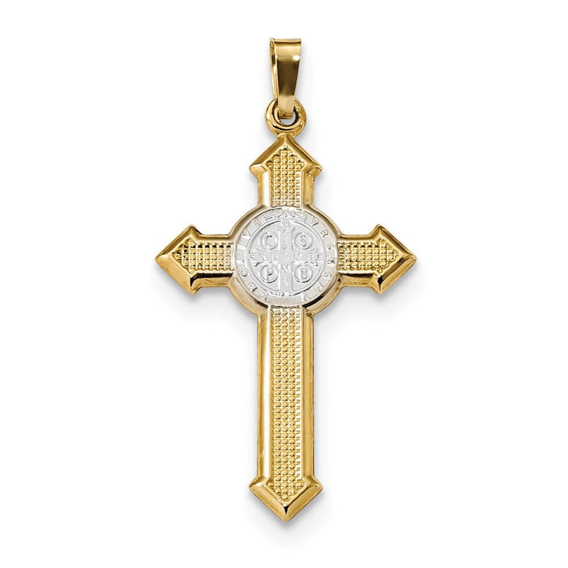 14K Bicolor-Gold mit Rhodium, poliert, Sankt-Benedikt-Medaillen-Kreuz-Anhänger