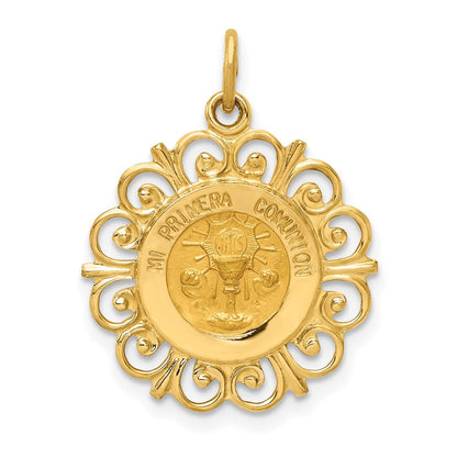 14K Gelbgold Polierter und Satinierter Spanischer Kommunionskelch-Medaillenanhänger