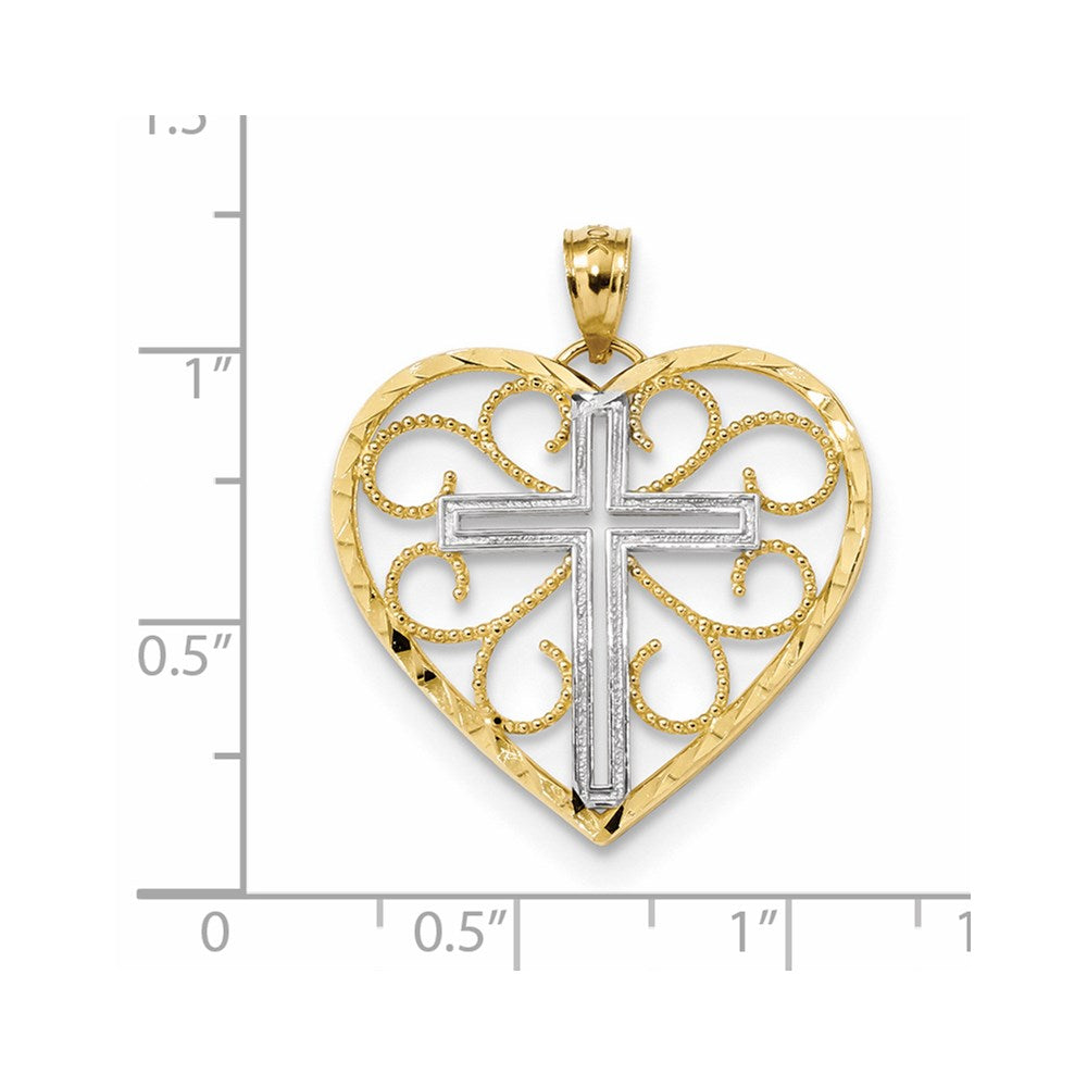14 Karat Gelbgold und Rhodium, poliert, diamantgeschliffenes Kreuz im Herz-Anhänger