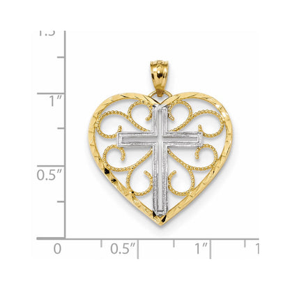 14 Karat Gelbgold und Rhodium, poliert, diamantgeschliffenes Kreuz im Herz-Anhänger