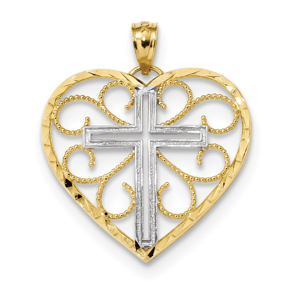 14 Karat Gelbgold und Rhodium, poliert, diamantgeschliffenes Kreuz im Herz-Anhänger