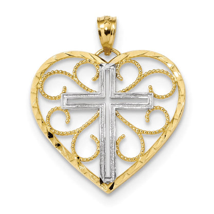 14 Karat Gelbgold und Rhodium, poliert, diamantgeschliffenes Kreuz im Herz-Anhänger