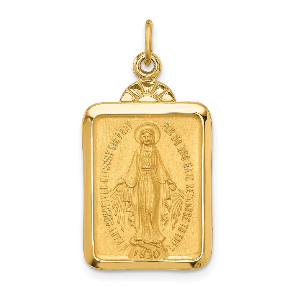 14K Gelbgold Massiv Poliert/satin Rechteck mit Fan Oberteil Wundertätig Medaille