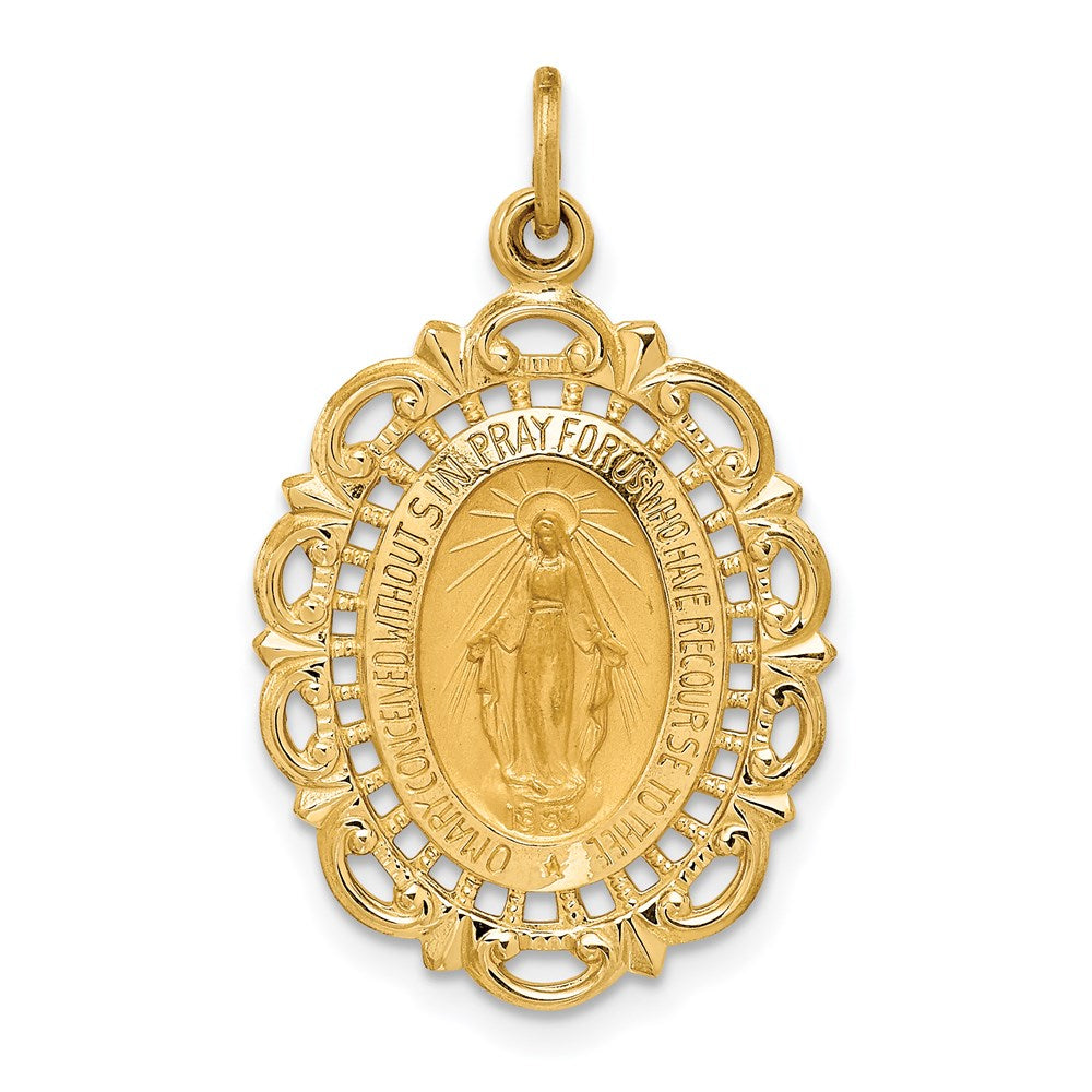 14K Gelbgold Massiv Poliert/satin Fantasie Durchbrochen Oval Wundertätig Medaille