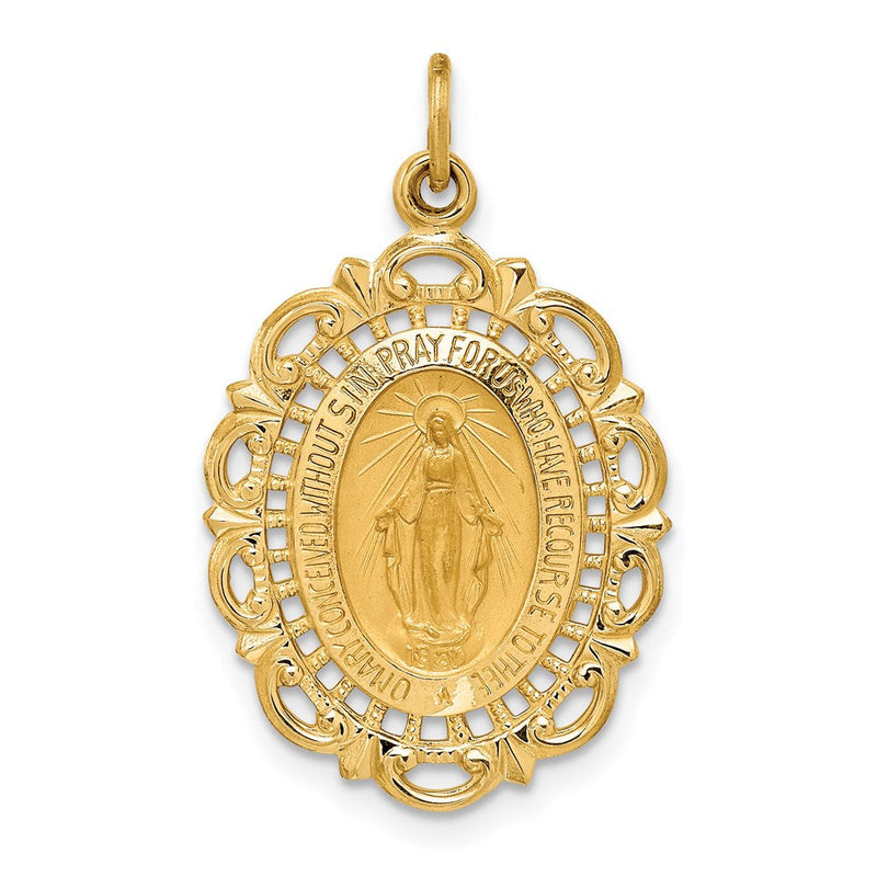 14K Gelbgold Massiv Poliert/satin Fantasie Durchbrochen Oval Wundertätig Medaille