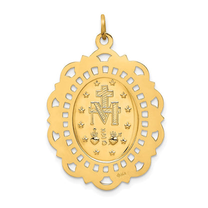 14K Gelbgold Massiv Poliert/satin Fantasie Durchbrochen Oval Wundertätig Medaille