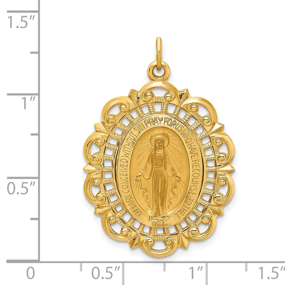 14K Gelbgold Massiv Poliert/satin Fantasie Durchbrochen Oval Wundertätig Medaille