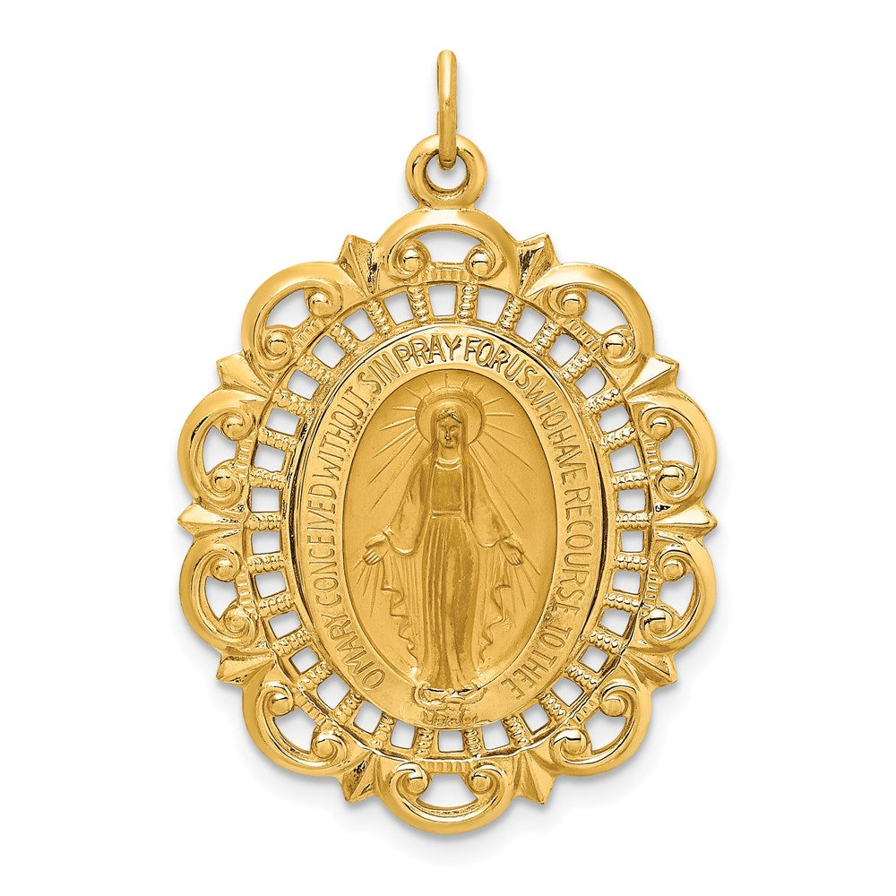 14K Gelbgold Massiv Poliert/satin Fantasie Durchbrochen Oval Wundertätig Medaille