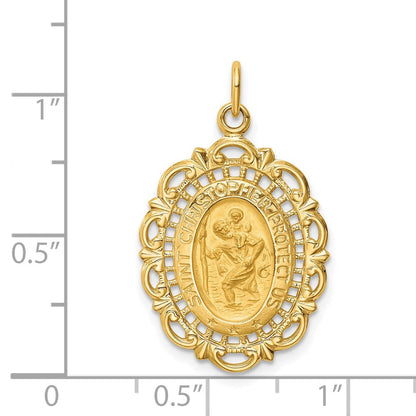 14K Gelbgold Massiv Poliert/satin Mittel Fantasie Durchbrochen Oval St. Christopher Medaille