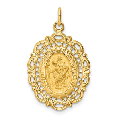 14K Gelbgold Massiv Poliert/satin Mittel Fantasie Durchbrochen Oval St. Christopher Medaille