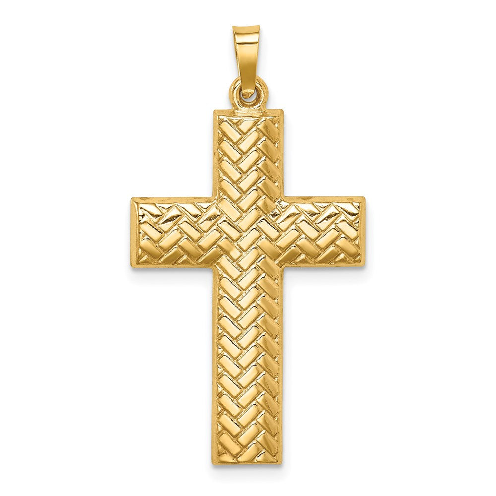14K Gelbgold 14K Hohl Poliert Basketweave Design Lateinisch Kreuz