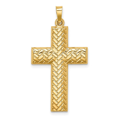 14K Gelbgold 14K Hohl Poliert Basketweave Design Lateinisch Kreuz
