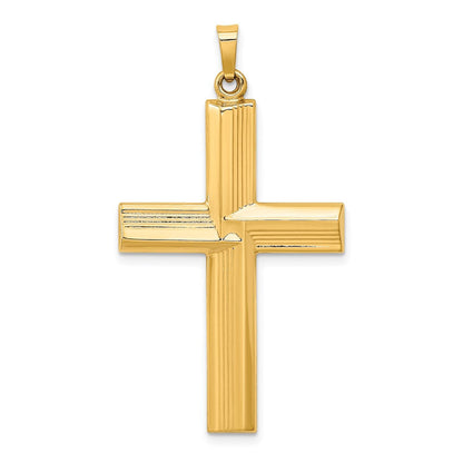 14K Gelbgold 14K Hohl Poliert Stripe Design Lateinisch Kreuz